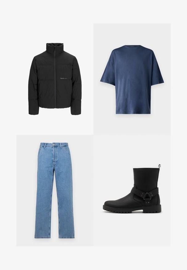Juodas pūkinis švarkas su aukštu apykakle, priekiniais užtrauktukais ir kvadratinės siuvimo dizainu. Lygus audinys su subtiliu logotipu krūtinėje.; Tamsiai mėlynas trumpomis rankovėmis marškinėliai, pagaminti iš minkštos medžiagos, pasižymi klasikinio apvalaus kaklo ir laisvo kirpimo, be matomų raštų ar akcentų.; Šviesiai mėlyni džinsai tiesia kojelė su klasikinio penkių kišenių dizainu, su priekiniu mygtuko užsegimu ir diržo kilpelėmis. Lygus paviršius.; Juodos kulkšnies botai su tekstūruotu odiniu paviršiumi, turintys šoninę diržą su metalinėmis detalėmis ir gumuota padu su raižymu, užtikrinančiu sukibimą.