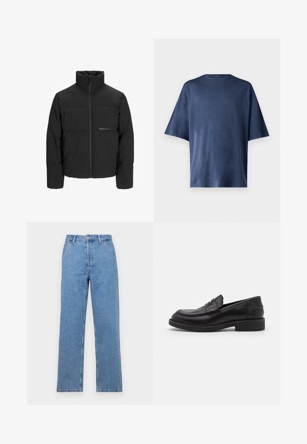 Mustra musta puffer-jakk, millel on kõrge krae, eesne tõmblukku ja tikandiga disain. Sile kangas, millel on rindkeres diskreetne logo.; Tumesinine lühikeste varrukatega T-särk, valmistatud pehmest kangast, omab klassikalist ümarat kaelust ja mugavat lõiget, ilma nähtavate mustrite või aktsentideta.; Hele sinine denim sirgeded teod, klassikalise viie tasku disainiga, ees nupuga kinnitamine ja vööaugu lõiked. Sile tekstuur.; Mustad mustad nahast kingad ümarate varvastega, toonitud tikandiga ja rihma detailiga ees. Kummist kontsaga madal talla.