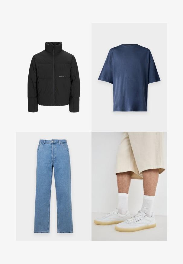 Melnā pūka jaka ar augstu apkakli, priekšējo rāvējslēdzēju un quilted dizainu. Gluda auduma virsma ar maigu logotipu uz krūšu daļas.; Navy zila īsām piedurknēm T-kreklā, izgatavots no mīksta auduma, ar klasisku apaļu kaklu un brīvu piegriezumu, bez redzamām rakstu vai akcentu detaļām.; Gaiši zili džinsi ar taisno piegriezumu un klasisko piecu kabatu dizainu, ar priekšējo pogu aizdari un jostu cilpiņām. Gluda tekstūra.; Baltas ādas sporta apavi ar gumijas zolei, ar perforētiem akcentiem, auklām un logo uz mēles. Nēsāti ar baltām zeķēm un bēšiem šortiem.