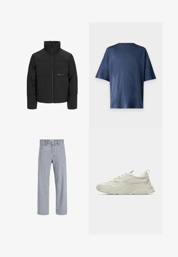 Musta puhvijakku, jossa on korkea kaulus, etuvetoketju ja tikattu muotoilu. Sileä kangas, jossa on hienovarainen logo rinnassa.; T-paita tummansinisestä pehmeästä kankaasta, lyhythihainen, klassinen pyöreä kaula-aukko ja rento istuvuus, ilman näkyviä kuvioita tai yksityiskohtia.; Vaaleansiniset farkut rento istuvuus, suorat lahkeet, näkyvät saumat, kaksi etutaskua ja napitus.; Valkoiset paksut lenkkarit paksulla pohjalla, verkkomaisilla paneeleilla, nauhakiinnityksellä ja kantapäävetimellä, nähtynä ulkopuolelta.