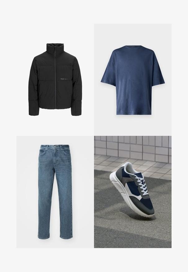 Juodas pūkinis švarkas su aukštu apykakle, priekiniais užtrauktukais ir kvadratinės siuvimo dizainu. Lygus audinys su subtiliu logotipu krūtinėje.; Tamsiai mėlynas trumpomis rankovėmis marškinėliai, pagaminti iš minkštos medžiagos, pasižymi klasikinio apvalaus kaklo ir laisvo kirpimo, be matomų raštų ar akcentų.; Mėlynos džinsinės kelnės su tiesiomis kojomis, turinčios klasikinį penkių kišenių stilių ir švelniai išblukusį raštą. Standartinis liemuo ir siuvimo detalės.; Sportiniai bateliai su tamsiai mėlynu tinkliniu viršumi, pilkais zomšiniais akcentais, balta guma padanga ir plokščiomis baltomis raištelėmis, sukurti komfortui ir oro pralaidumui.