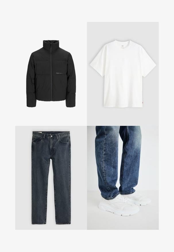 Černá péřová bunda s vysokým límcem, předním zipem a prošívaným designem. Hladká tkanina se subtilním logem na hrudi.; Bílý krátký rukáv tričko vyrobené z bavlny s kulatým výstřihem. Na přední straně se nachází decentní embosované logo a červená cedulka na lemu.; Tmavě modré džíny s rovnými nohavicemi, pěti kapsami a zapínáním na knoflíky. Tkanina vykazuje jemné blednutí a texturu.; Bílé sportovní tenisky s texturovanými panely a silnou podrážkou, spárované s modrými džíny z denimu s vybledlým umytím a rovný střih.
