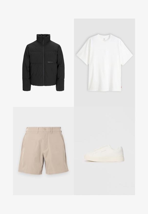 Black puffer jacket featuring a high collar, front zip closure, and quilted design. Smooth fabric with a subtle logo on the chest.; White short-sleeve t-shirt made of cotton with a crew neck. Features subtle embossed logo detail on the front and a red label at the hem.; Beige shorts made from lightweight fabric, featuring four pockets and a button closure, with a smooth texture and straight cut design.; White slip-on sneakers with a textured surface, a thick sole, and minimalistic design. Features brand logo on the side.