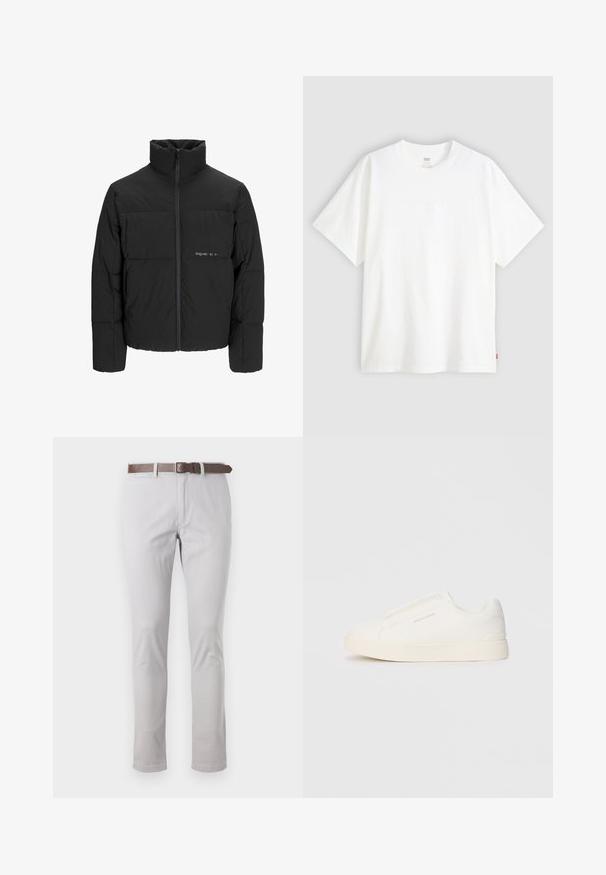Melnā pūka jaka ar augstu apkakli, priekšējo rāvējslēdzēju un quilted dizainu. Gluda auduma virsma ar maigu logotipu uz krūšu daļas.; Balta īslaicīga T-krekla ar īsām piedurknēm, kas izgatavots no kokvilnas, ar apaļu kakla izgriezumu. Priekšpusē ir smalks reljefs ar logotipu un sarkans birka apakšmalā.; Gaišpelēkas kokvilnas bikses ar šauru piegriezumu. Iekļauts brūns ādas jostas un minimālas šuvju detaļas sānos.; Baltas slip-on sporta apavi ar teksturētu virsmu, biezu zoli un minimālistisku dizainu. Sānos redzams zīmola logotips.