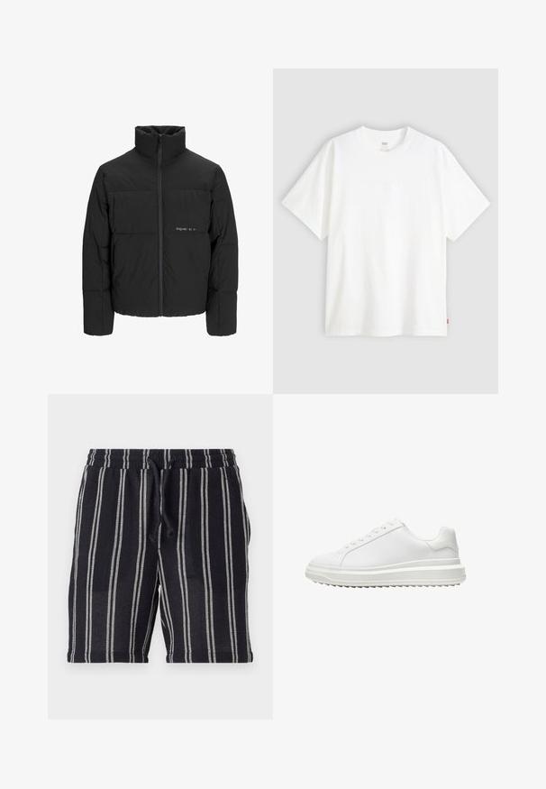 Zwarte pufferjas met een hoge kraag, ritssluiting aan de voorkant en een quilted design. Glad materiaal met een subtiel logo op de borst.; Witte pique t-shirt met korte mouwen van katoen en een ronde hals. Heeft een subtiele reliëf logo-detail aan de voorkant en een rood label aan de zoom.; Zwart-wit gestreepte shorts met een elastische tailleband, trekkoordsluiting en een gestructureerde stof. Eindigen ter hoogte van het midden van het bovenbeen.; Witte sneaker met een glad synthetisch bovenwerk, ronde neus, platte veters, gestructureerde zool en een gelaagd, platformontwerp voor extra hoogte.