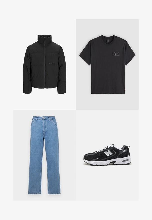 Svart boblejakke med høy krage, frontåpning med glidelås og kviltet design. Glatt stoff med en subtil logo på brystet.; Svart bomulls t-skjorte med korte ermer og rund hals. Har et lite hvitt grafisk trykk på venstre bryst. Glatt tekstur.; Lyseblå denim rettslit jeans med klassisk fem-lomme design, med knappstenging foran og beltesløyfer. Glatt tekstur.; Svarte og grå treningssko med mesh og semsket overdel, med en hvit mellomsåle, snøringer, og en kraftig "N"-logo på siden.