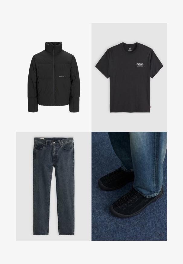 Black puffer jacket featuring a high collar, front zip closure, and quilted design. Smooth fabric with a subtle logo on the chest.; Black cotton t-shirt with short sleeves and a round neck. Features a small white graphic print on the left chest. Smooth texture.; Dark blue denim jeans with a straight leg design, five pockets, and a button-fly closure. The fabric shows a subtle fade and texture.; Black suede sneakers with textured surface, subtle lacing, and durable rubber soles, paired with blue denim jeans.