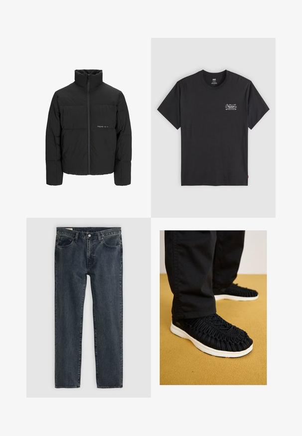 Black puffer jacket featuring a high collar, front zip closure, and quilted design. Smooth fabric with a subtle logo on the chest.; Black cotton t-shirt with short sleeves and a round neck. Features a small white graphic print on the left chest. Smooth texture.; Dark blue denim jeans with a straight leg design, five pockets, and a button-fly closure. The fabric shows a subtle fade and texture.; Black sneaker with braided fabric upper, round toe, and white sole. Lacing system on top and detailed texture across the body.