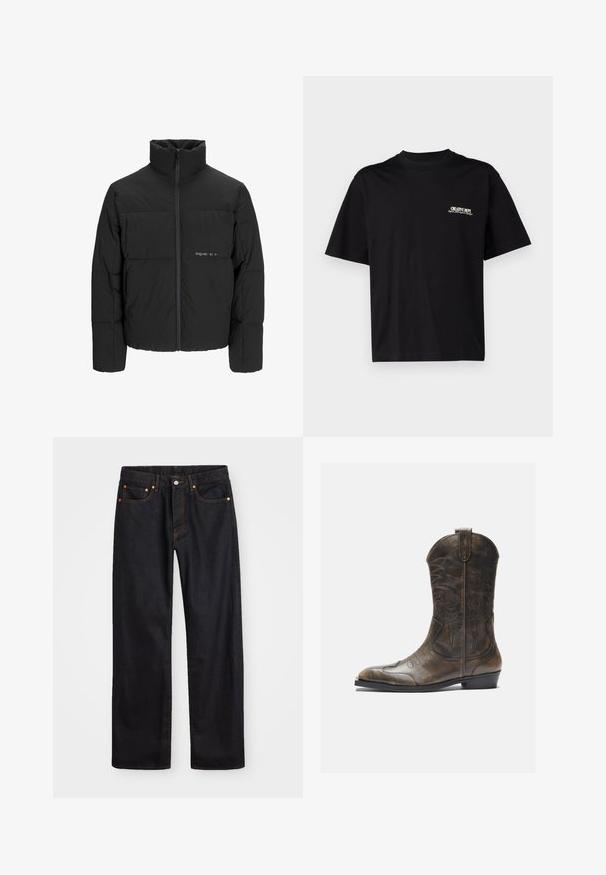 Doudoune noire avec un col haut, fermeture éclair sur le devant et design matelassé. Tissu lisse avec un logo subtil sur la poitrine.; T-shirt en coton noir à manches courtes, col rond, avec impression sur la poitrine gauche en texte blanc et doré, offrant une coupe décontractée.; Jean en denim noir pour hommes, coupe droite, avec cinq poches et surpiqûres orange, fermeture par bouton et zip à la taille avant.; Botte de cow-boy en cuir marron avec un long tige, un bout pointu, des motifs de couture complexes et un petit talon. Finition texturée tout au long.
