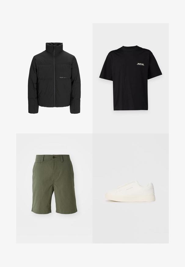Chaqueta acolchada negra con un alto cuello, cierre frontal de cremallera y diseño acolchado. Tejido suave con un logo sutil en el pecho.; Camiseta de algodón negra con mangas cortas, cuello redondo y estampado en blanco y dorado en el frente, lado izquierdo del pecho, con un corte relajado.; Pantalones cortos verde oliva de tela ligera, con un corte frontal plano, dos bolsillos laterales, un bolsillo trasero y cierre de botón.; Zapatillas blancas tipo slip-on con una superficie texturizada, suela gruesa y diseño minimalista. Presenta el logo de la marca en un lado.