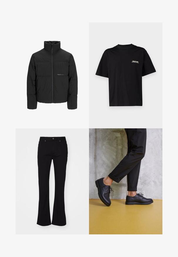 Giubbotto bomber nero con colletto alto, chiusura frontale con zip e design trapuntato. Tessuto liscio con un logo discreto sul petto.; T-shirt in cotone nero con maniche corte, scollatura rotonda e stampa in bianco e oro sulla parte sinistra del petto, caratterizzata da una vestibilità rilassata.; Jeans neri a vita alta a campana con chiusura frontale e cinque tasche, mostrati su uno sfondo bianco.; Scarpe stringate in pelle nera con punta arrotondata, superficie testurizzata e suola in gomma spessa. Indossate con pantaloni neri arrotolati su uno sfondo di cemento.