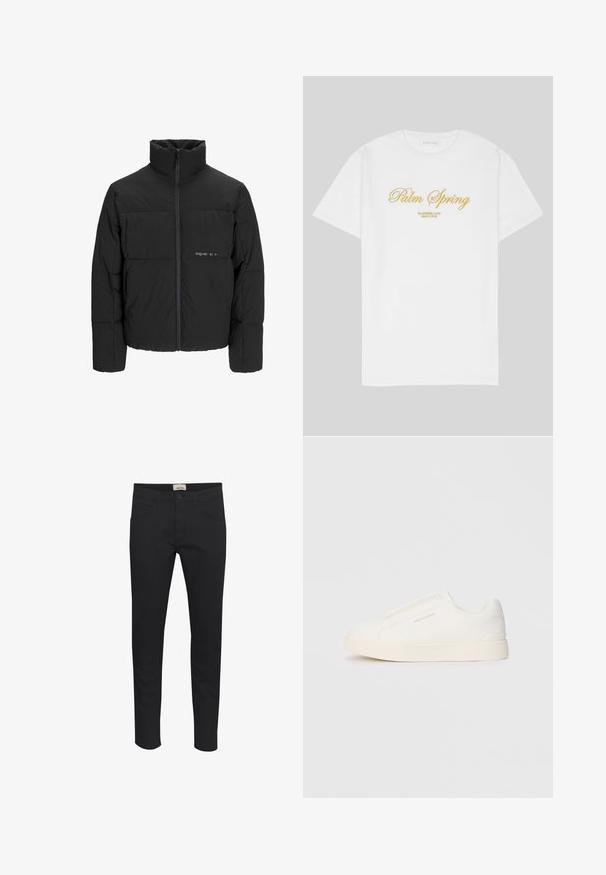 Black puffer jacket featuring a high collar, front zip closure, and quilted design. Smooth fabric with a subtle logo on the chest.; White cotton t-shirt featuring gold text that reads "Palm Spring" with "California Love Eighty Five" below, relaxed fit, crew neck design.; Black trousers made of solid fabric, featuring a standard fit, five-pocket design, and a button closure. Sleek and versatile.; White slip-on sneakers with a textured surface, a thick sole, and minimalistic design. Features brand logo on the side.