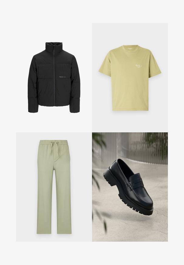 Svart boblejakke med høy krage, frontåpning med glidelås og kviltet design. Glatt stoff med en subtil logo på brystet.; Lys grønn bomull T-skjorte med korte ermer, rund halslinning og en liten hvit logotekst på venstre brystområde.; Bukser i lys olivengrønn, laget av mykt stoff. Har elastisk linning med snøring og rett, løs passform.; Sorte lærloafere med en kraftig såle, som har en dekorativ rem og sømdetaljering. Glatt tekstur med en polert overflate.