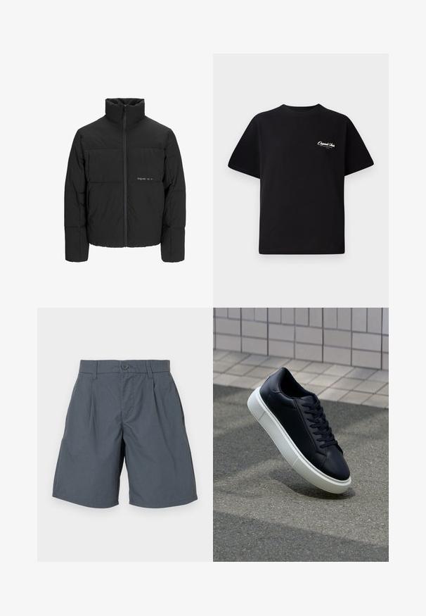 Sort dunjakke med høj krave, frontlynlås og quiltet design. Glat materiale med en diskret logo på brystet.; Sort bomulds T-shirt med rund halsudskæring, korte ærmer og lille hvid logo tekst på venstre bryst. Enkel design, klassisk pasform.; Grå shorts lavet af letvægtsstof, med en frontknaplukning, to sidelommer og en lige skæring.; Sort lædersneaker med rund tå og hvid gummisål. Har flade snørebånd og minimal syning på overdelen. Tekstureret sål for bedre greb.