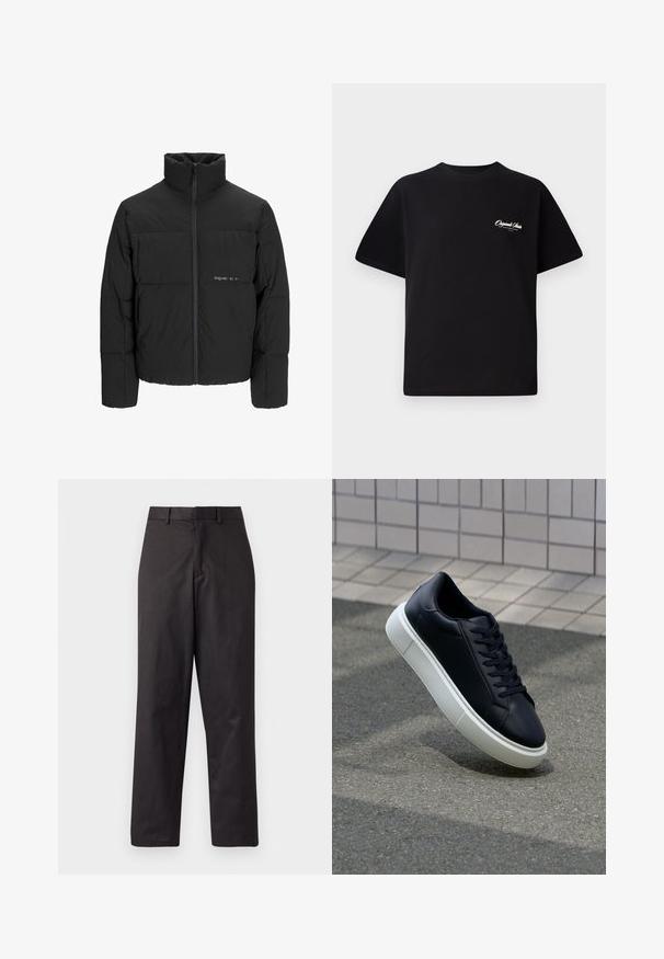 Doudoune noire avec un col haut, fermeture éclair sur le devant et design matelassé. Tissu lisse avec un logo subtil sur la poitrine.; T-shirt en coton noir avec col rond, manches courtes et petit texte logo blanc sur la poitrine gauche. Conception simple, coupe classique.; Pantalons noirs en tissu mélangé de coton, présentant une coupe droite, des poches avant et une taille standard avec passants de ceinture.; Baskets noires en cuir avec bout arrondi et semelle en caoutchouc blanc. Elles présentent des lacets plats et une couture minimale sur la tige. Semelle texturée pour une bonne adhérence.