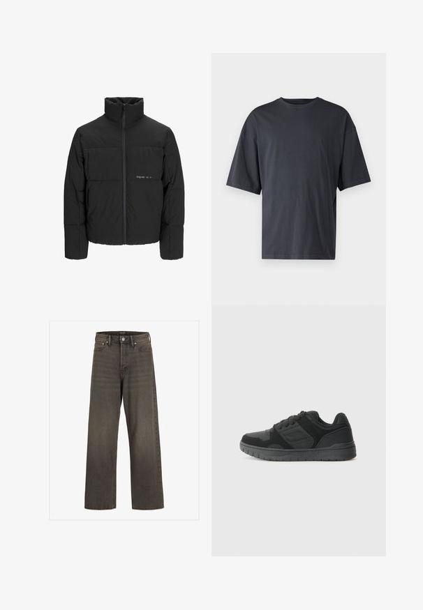 Černá péřová bunda s vysokým límcem, předním zipem a prošívaným designem. Hladká tkanina se subtilním logem na hrudi.; Tmavě šedé tričko s krátkým rukávem vyrobené z lehké bavlny, s volným střihem a klasickým kulatým výstřihem, s jednolitou strukturou a bez vzorů.; Džínové kalhoty s širokými nohavicemi v tmavě šedém denimu, s vysokým pasem, klasickým designem pěti kapes a kontrastním prošíváním podél švů.; Černá sportovní obuv s texturovaným svrškem, který kombinujte semiš a síťovinu, polstrovaným límcem a gumovou podrážkou s dezénem.