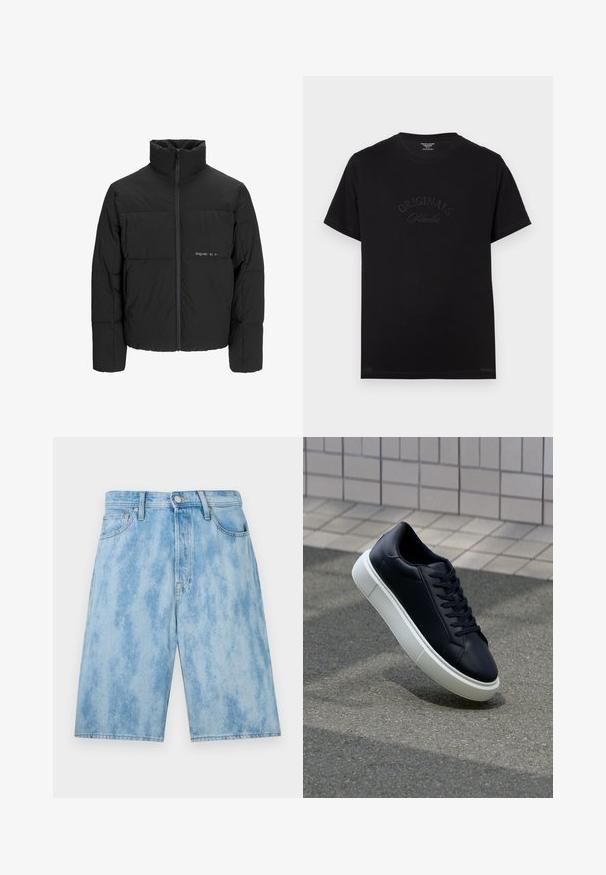 Mustra musta puffer-jakk, millel on kõrge krae, eesne tõmblukku ja tikandiga disain. Sile kangas, millel on rindkeres diskreetne logo.; Must t-särk lühikeste varrukatega ja ümmarguse kaelusega. Esiküljel on hõbedaselt kirjeldatud "ORIGINALS Studio".; Heled sinised denimsäärised, millel on kulunud pesu, tavalise vöökoht ja ees olevad taskud, ning lahtine istuvus. Ilma nähtavate mustrite või tarvikuteta.; Mustast nahast tennisetoss, millel on ümar nina ja valge kummist tall. Omab siredaid paelu ja minimaalset õmblemist ülemises osas. Tekstuuriga tald, mis tagab haakuvuse.