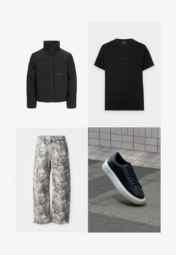 Črni pufast plašč z visokim ovratnikom, sprednjim zadrgo in prešitjem. Gladka tkanina z diskretnim logotipom na prsih.; Črna bombažna majica s kratkimi rokavi in okroglo izrezom. Na sprednjem delu je v tonečih črkami embosirano "ORIGINALS Studio".; Cargo hlače v sivi kamuflažni vzorci, narejene iz teksturirane tkanine. Značilnosti vključujejo stranske žepe in elastičen rob na manšetah.; Črne usnjene superge z zaobljenim prstom in belim gumijastim podplat. Imajo ravne vezalke in minimalno šivanje na zgornjem delu. Teksturirani podplat za oprijem.
