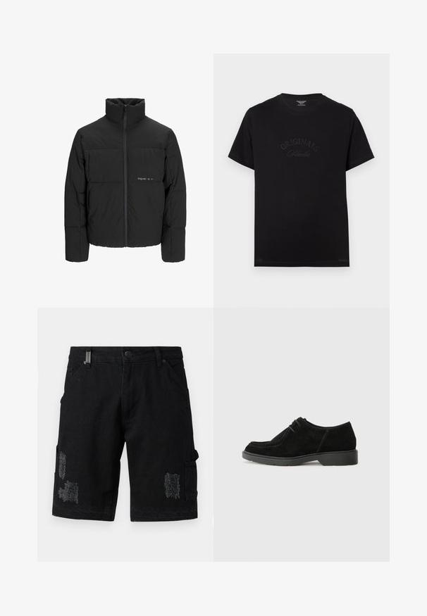 Black puffer jacket featuring a high collar, front zip closure, and quilted design. Smooth fabric with a subtle logo on the chest.; Black cotton t-shirt with short sleeves and a round neckline. Features "ORIGINALS Studio" embossed in tonal lettering on the front.; Black denim cargo shorts with a relaxed fit, featuring distressed patches, front pockets, and side cargo pockets for added utility.; Black suede dress shoe with a rounded toe, contrasting stitching, and a rubber sole. Features minimal lacing and a smooth upper design.