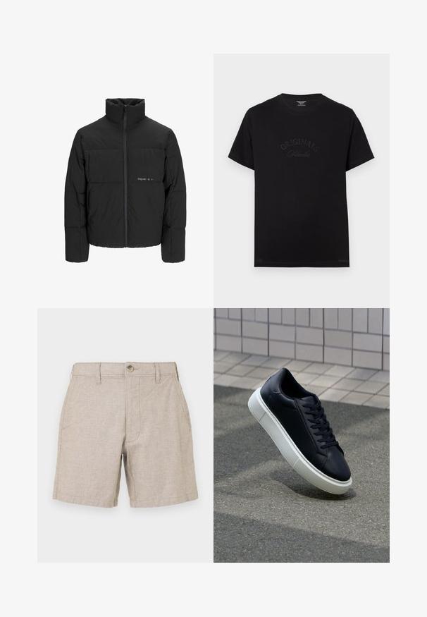 Crna puffer jakna s visokim ovratnikom, prednjim zatvaračem i kviltanim dizajnom. Glatka tkanina s suptilnim logotipom na prsima.; Crna pamučna majica s kratkim rukavima i okruglim izrezom. Na prednjoj strani se ističe natpis "ORIGINALS Studio" u toniranim slovima.; Bež lanene kratke hlače s ravnim prednjim dijelom, dva bočna džepa i jednim dugmetom za zatvaranje. Tkanina ima suptilnu teksturu i laganu težinu.; Crne kožne tenisice s zaobljenim vrhom i bijelim gumiranim potplatom. Imaju ravne vezice i minimalno šivanje na gornjem dijelu. Teksturirani potplat za bolje prianjanje.
