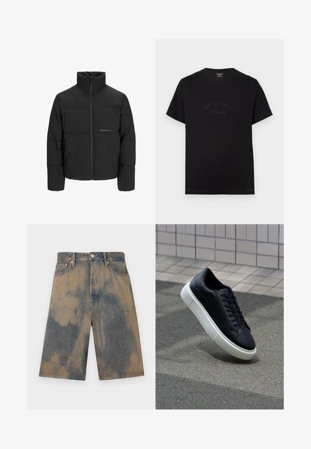Black puffer jacket featuring a high collar, front zip closure, and quilted design. Smooth fabric with a subtle logo on the chest.; Black cotton t-shirt with short sleeves and a round neckline. Features "ORIGINALS Studio" embossed in tonal lettering on the front.; Denim shorts with a faded blue and beige tie-dye effect, featuring a classic five-pocket design and metal hardware details.; Black leather sneaker with rounded toe and white rubber sole. Features flat laces and minimal stitching on the upper. Textured sole for grip.