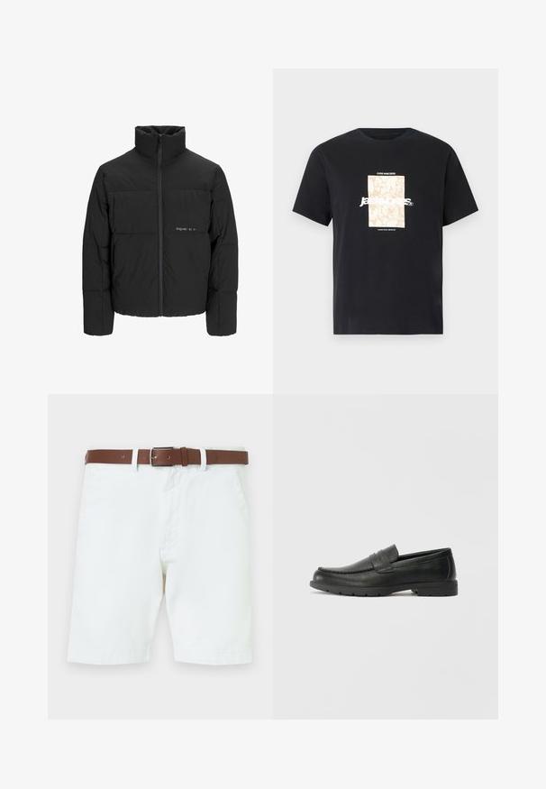 Mustra musta puffer-jakk, millel on kõrge krae, eesne tõmblukku ja tikandiga disain. Sile kangas, millel on rindkeres diskreetne logo.; Mustmust mustäriga T-särk, millel on ümar kaelus. Esipaneelil on beež ristkülikukujuline graafika ja valge tekst "JAWO", mis on keskendatud. Lühikesed varrukad.; Valged puuvillased lühikesed püksid, millel on pruun nahkrihm hõbedase pandlaga. Nupuvajutusega ja tõmblukuga sulgemine, küljetaskud ja servatud varrukad.; Musthave nahkkingad siledast nahast, mokassiini stiilis ülevalt, tikanditega ja kummist tallaga. Klassikaline disain madala kontsaga.