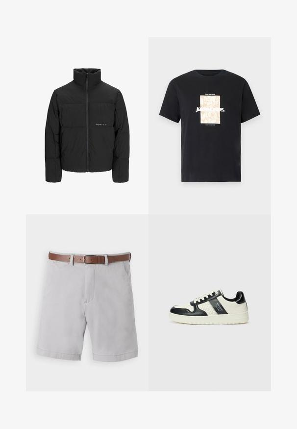 Crna puffer jakna s visokim ovratnikom, prednjim zatvaračem i kviltanim dizajnom. Glatka tkanina s suptilnim logotipom na prsima.; Crna pamučna majica s okruglim izrezom. Ima bež pravokutni grafički prikaz i bijeli tekst "JAWO" centriran sprijeda. Kratki rukavi.; Svijetlosive hlače kratkog kroja izrađene od mješavine pamuka, s smeškastim kožnim remenom, bočnim džepovima i opuštenim krojem.; Kožne tenisice s crno-bijelom paletom boja, koje imaju perforirane akcentne detalje, podstavljeni ovratnik i teksturiranu potplat.