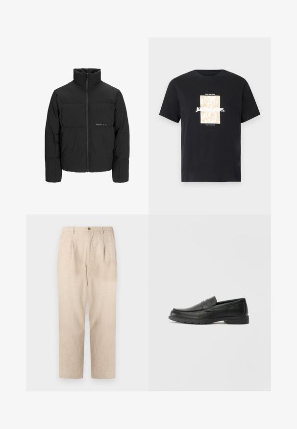 Crna puffer jakna s visokim ovratnikom, prednjim zatvaračem i kviltanim dizajnom. Glatka tkanina s suptilnim logotipom na prsima.; Crna pamučna majica s okruglim izrezom. Ima bež pravokutni grafički prikaz i bijeli tekst "JAWO" centriran sprijeda. Kratki rukavi.; Bež lanene hlače s plisama, elastičnim pojasom i jednim dugmetom za zatvaranje. Dizajn ravnih nogavica s teksturiranim završetkom.; Crne kožne mokasine s glatkom površinom, gornji dio u stilu mokasina, ojačani šavovi i gumeni potplat. Klasičan dizajn s niskom petom.