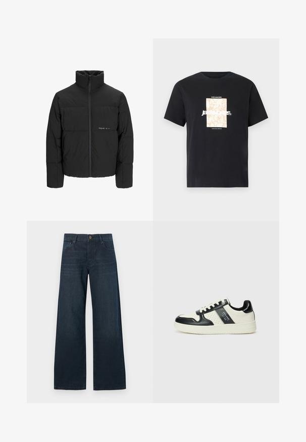 Giubbotto bomber nero con colletto alto, chiusura frontale con zip e design trapuntato. Tessuto liscio con un logo discreto sul petto.; Maglietta in cotone nera con collo tondo. Presenta una grafica rettangolare beige e il testo bianco, "JAWO," centrato sulla parte frontale. Maniche corte.; Jeans a gamba larga blu scuro con una texture di denim liscia, dotati di chiusura con bottone frontale, passanti per cintura e design a cinque tasche.; Sneakers in pelle con una combinazione di colori nero e crema, dotati di dettagli perforati, collare imbottito e suola testurizzata.