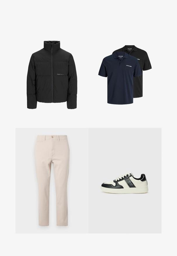 Musta puhvijakku, jossa on korkea kaulus, etuvetoketju ja tikattu muotoilu. Sileä kangas, jossa on hienovarainen logo rinnassa.; Kaksi polo-paitaa: yksi tummansininen valkoisella logolla ja yksi musta. Molemmissa on klassinen kaulus ja lyhyet hihat, ja ne on valmistettu kevyestä kankaasta.; Beige puuvillahousut suoran leikkauksen omaavina, joissa on etunappisulkeminen, vyölenkit ja yksi takatasku. Silkkinen rakenne.; Nahkakengät musta-kerma värimaailmassa, joissa on rei'itetyt yksityiskohdat, pehmustettu nilkkaosa ja teksturoitu pohja.