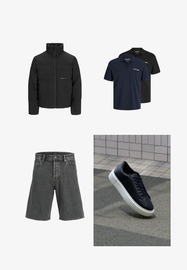 Fekete puff dzseki magas gallérral, elülső cipzárral és steppelt kialakítással. Simaságú anyag, finom logóval a mellkason.; Két pólóing: az egyik sötétkék, fehér logóval, a másik fekete. Mindkettő klasszikus gallérral és rövid ujjakkal rendelkezik, könnyű anyagból készült.; Fekete farmer rövidnadrág laza szabásban, gombos záródással, két elülső zsebbel és enyhén kopott mintával. Klasszikus öt zsebes kialakítás.; Fekete bőr sportcipő lekerekített orral és fehér gumitalppal. Lapos fűzőkkel és minimális varrásokkal rendelkezik a felsőrészén. Mintás talp a tapadásért.