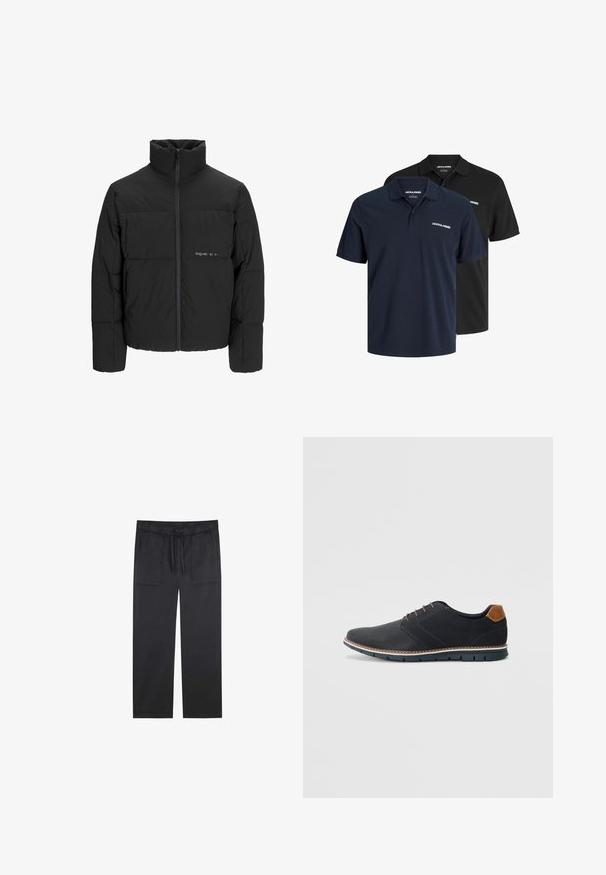 Sort dunjakke med høj krave, frontlynlås og quiltet design. Glat materiale med en diskret logo på brystet.; To polo shirts: en marineblå med hvidt logo og en sort. Begge har en klassisk krave og korte ærmer, lavet af letvægtsstof.; Sorte, lette bukser med elastisk talje og justerbar snor. Har to forlommer og en lige ben-design.; Sorte syntetiske sko med en tekstureret overdel, glatte accenter, brun hæl og en kontrasterende sål. Har minimale snørebånd og syningsdetaljer.
