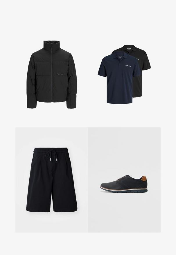 Schwarze Pufferjacke mit hohem Kragen, Front-Reißverschluss und gestepptem Design. Glattes Material mit dezentem Logo auf der Brust.; Zwei Poloshirts: eines in Marineblau mit weißem Logo und eines in Schwarz. Beide haben einen klassischen Kragen und kurze Ärmel und bestehen aus leichtem Stoff.; Schwarze Shorts mit elastischem Bund und Kordelzug, aus leichtem Material. Bietet eine lockere Passform und hat keine sichtbaren Muster oder Akzente.; Schwarze synthetische Schuhe mit einer strukturierten Oberseite, glatten Akzenten, braunem Absatz und einer kontrastierenden Sohle. Verfügt über minimale Schnürung und Nähdetails.