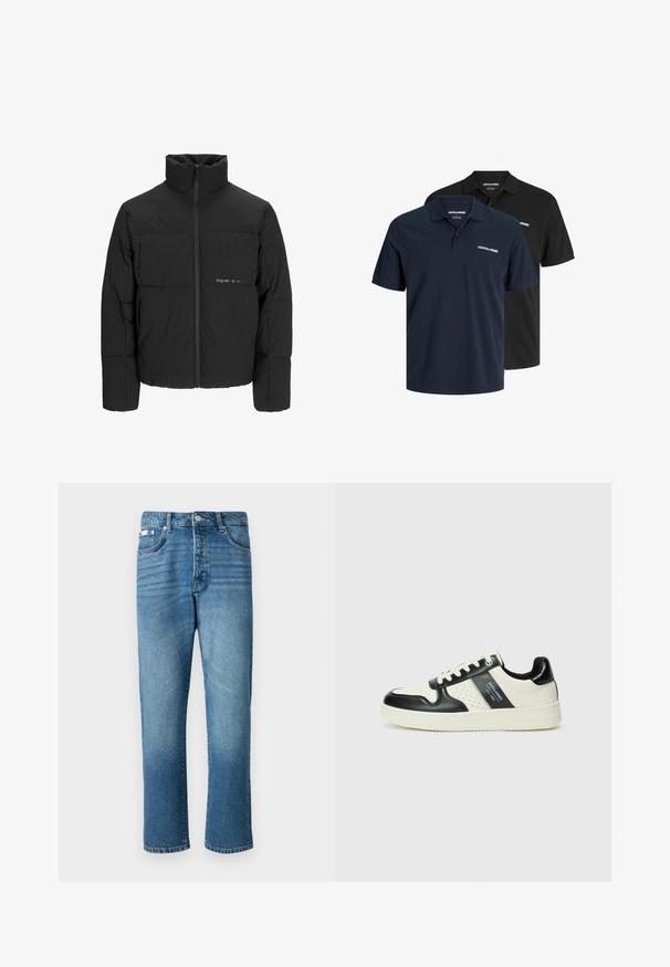 Black puffer jacket featuring a high collar, front zip closure, and quilted design. Smooth fabric with a subtle logo on the chest.; Two polo shirts: one navy with white logo and one black. Both feature a classic collar and short sleeves, made from lightweight fabric.; Light blue denim jeans with a straight leg cut, featuring a button closure, five pockets, and subtle fading on the thighs and hem.; Leather sneakers with a black and cream color scheme, featuring perforated accents, a padded collar, and a textured outsole.