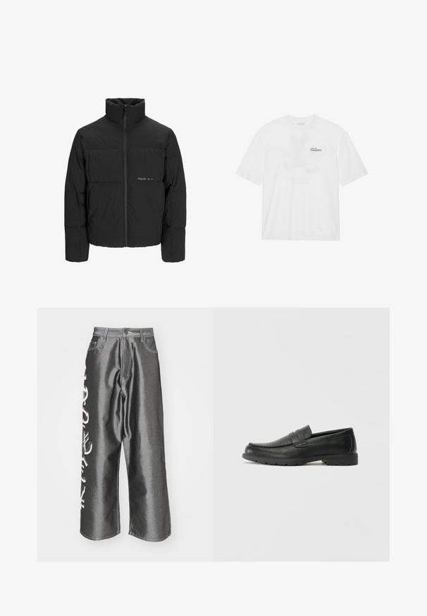 Svart boblejakke med høy krage, frontåpning med glidelås og kviltet design. Glatt stoff med en subtil logo på brystet.; Hvit bomull t-skjorte med korte ermer, med et trykk foran som sier "Svev inn i stillhet" i svart og grønt.; Jaded London CURRENCY SHINY COLOSSUS - Løst sittende jeans - silver; Svart skinnloafers med glatt finish, mokkasin-stil overdel, broderte detaljer og gummisåle. Klassisk design med lav hæl.