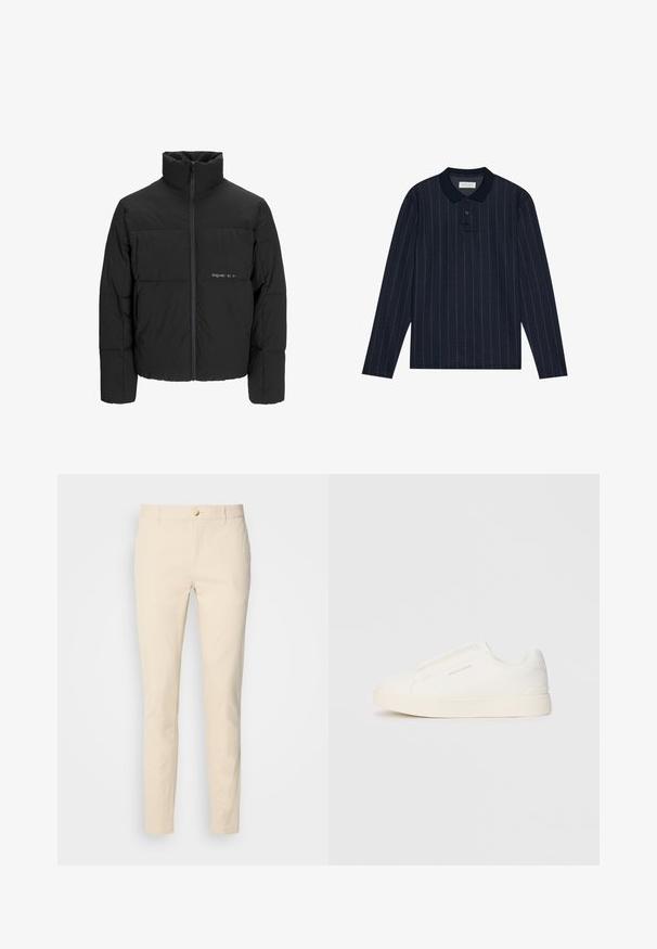 Juodas pūkinis švarkas su aukštu apykakle, priekiniais užtrauktukais ir kvadratinės siuvimo dizainu. Lygus audinys su subtiliu logotipu krūtinėje.; Jūros mėlynos ilgos rankovės polo marškiniai su apykaklės iškirpte, su plonomis vertikaliomis juostelėmis ir trims mygtukais. Minkšta audinio tekstūra.; Scotch & Soda ESSENTIAL MOTT - Chino stiliaus kelnės - parchment; Baltos slip-on sportbačiai su tekstūruota paviršiumi, storesniu padu ir minimalistišku dizainu. Šone matosi prekės ženklo logotipas.