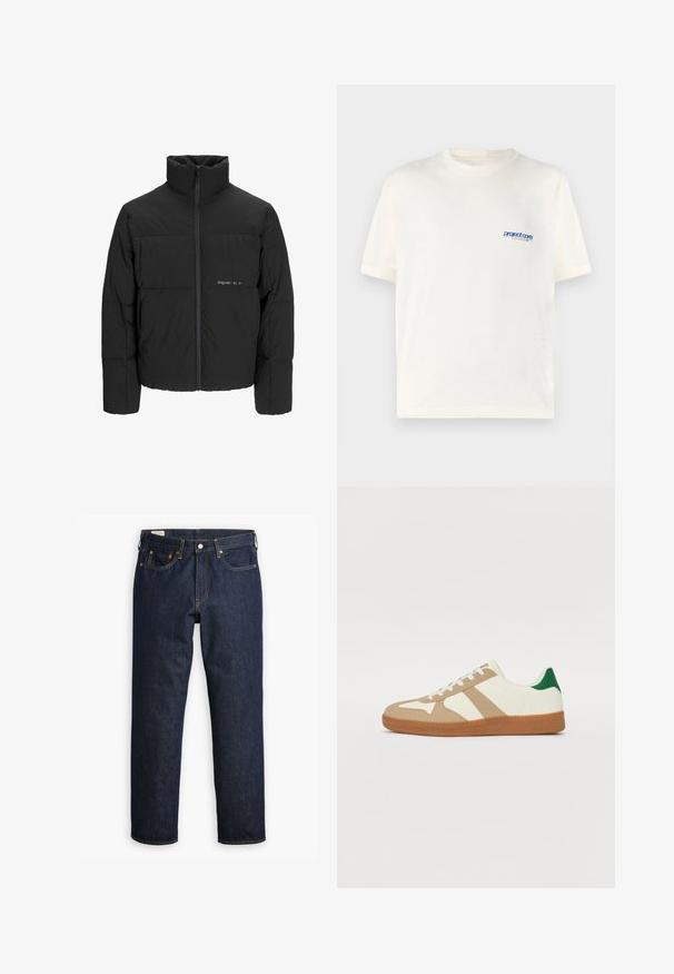 Melnā pūka jaka ar augstu apkakli, priekšējo rāvējslēdzēju un quilted dizainu. Gluda auduma virsma ar maigu logotipu uz krūšu daļas.; Krēma krāsas T-krekls ar īsām piedurknēm, izgatavots no mīkstas kokvilnas, ar mazu zilu drukātu logotipu kreisajā krūšu daļā. Klasiska apaļā kakla dizains.; Tumši zili džinsi ar taisnu piegriezumu, pieci kabati, redzami šuvumi un klasiskā pogu aizdare.; Sneakers ar baltu ādas augšdaļu, brūniem zamša akcentiem, zaļo papēža akcentu un teksturētu gumijas zoli. Iezīmē trīs brūnas svītras.