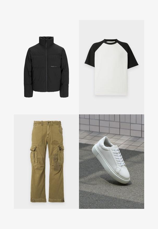 Doudoune noire avec un col haut, fermeture éclair sur le devant et design matelassé. Tissu lisse avec un logo subtil sur la poitrine.; T-shirt noir et blanc à manches courtes avec une texture côtelée ; possède des manches raglan et un col rond.; Pantalons cargo verts olive avec plusieurs poches, arborant un patch à motifs sur la jambe droite et des coutures renforcées. Coupe décontractée et texture du tissu.; Baskets en cuir blanc avec une surface lisse, bout rond et lacets plats blancs. Présentent une semelle en caoutchouc texturée et des éléments de design minimalistes.