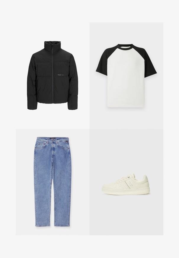 Černá péřová bunda s vysokým límcem, předním zipem a prošívaným designem. Hladká tkanina se subtilním logem na hrudi.; Černé a bílé tričko s krátkým rukávem s žebrovanou strukturou; má raglánové rukávy a kulatý výstřih.; Světle modré džíny s rovnými nohavicemi, pěti kapsami a knoflíkovým zapínáním. Mají jemné vyblednutí a kontrastní švy.; Světlé krémové tenisky s perforovanými detaily, šněrováním a logem na boku, vystavené na jednoduchém bílém pozadí.