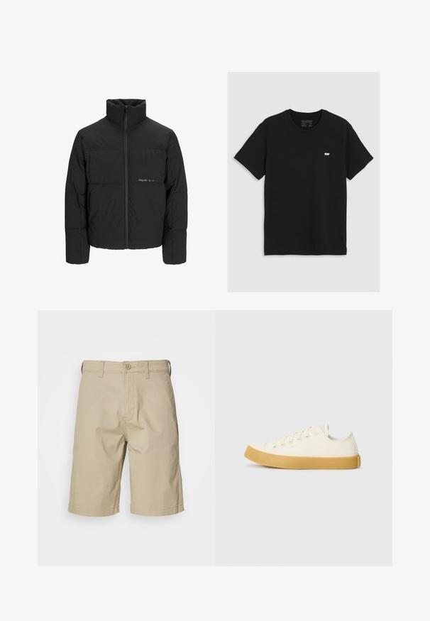 Schwarze Pufferjacke mit hohem Kragen, Front-Reißverschluss und gestepptem Design. Glattes Material mit dezentem Logo auf der Brust.; Schwarzes Baumwoll-T-Shirt mit kurzen Ärmeln und rundem Ausschnitt, mit einem kleinen weißen Levi's-Logo auf der Brust, glatte Textur, klassischer Schnitt.; Beige Baumwollshorts mit geradem Schnitt, Knopfverschluss, Gürtelschlaufen und zwei Seitentaschen. Glatte Textur und knielanges Design.; Leinensneaker in Off-White mit runder Zehenpartie, ausgestattet mit beigen Gummisohlen und fünf Ösen für Schnürsenkel, mit strukturiertem Finish auf dem Obermaterial.