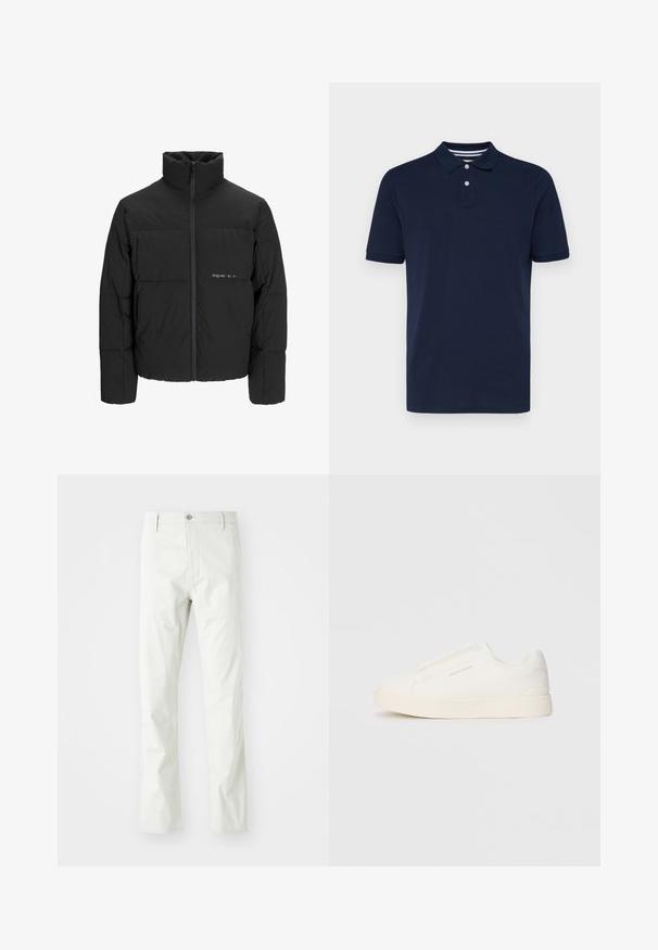 Black puffer jacket featuring a high collar, front zip closure, and quilted design. Smooth fabric with a subtle logo on the chest.; Navy blue short-sleeve polo shirt made of cotton, featuring a collared neckline with three buttons and subtle horizontal stripes on the collar.; Light gray cotton trousers with a straight leg design, featuring a button closure, front pockets, and subtle texture.; White slip-on sneakers with a textured surface, a thick sole, and minimalistic design. Features brand logo on the side.