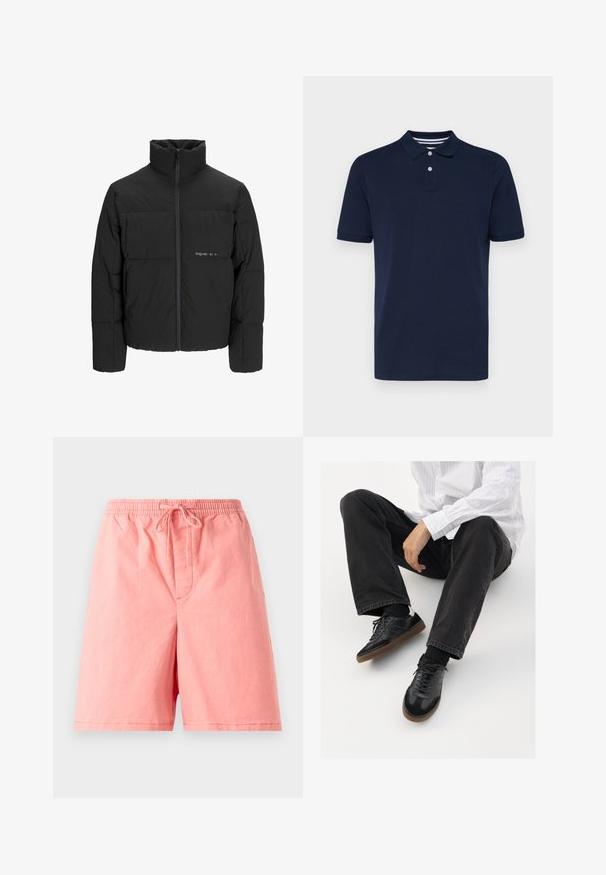 Svart puffjacka med hög krage, främre dragkedjestängning och quiltat mönster. Slätt tyg med en subtil logotyp på bröstet.; Marinblå pikétröja med kort ärm, tillverkad av bomull, med en krage och tre knappar samt subtila horisontella ränder på kragen.; Ljusrosa shorts i bomull med elastisk midja och dragsko, samt en enda framficka med en sydd söm.; Svarta sneakers med en slät och texturerad ovandel, med en gummisula och mörka snören. I kombination med svarta jeans och en vit randig skjorta.