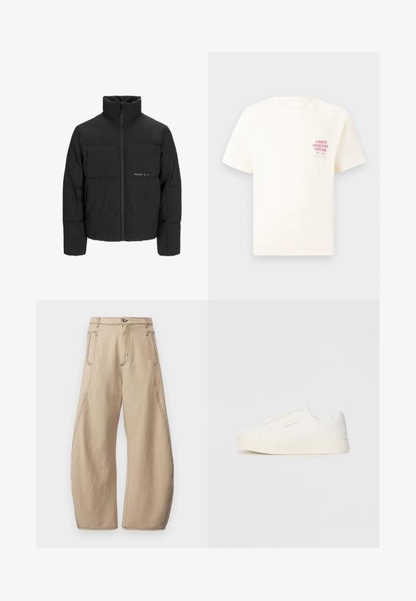 Črni pufast plašč z visokim ovratnikom, sprednjim zadrgo in prešitjem. Gladka tkanina z diskretnim logotipom na prsih.; Bela majica s kratkimi rokavi z rdečim napisom "Studio Originals Edition" na levi strani prsnega koša, prikazana na nevtralnem sivo backgroundu.; Henrik Vibskov SHADE PANTS - Široke kavbojke - tan; Bele zapete brez vezalk z teksturirano površino, debelim podplatom in minimalističnim dizajnom. Na strani se nahaja logotip blagovne znamke.