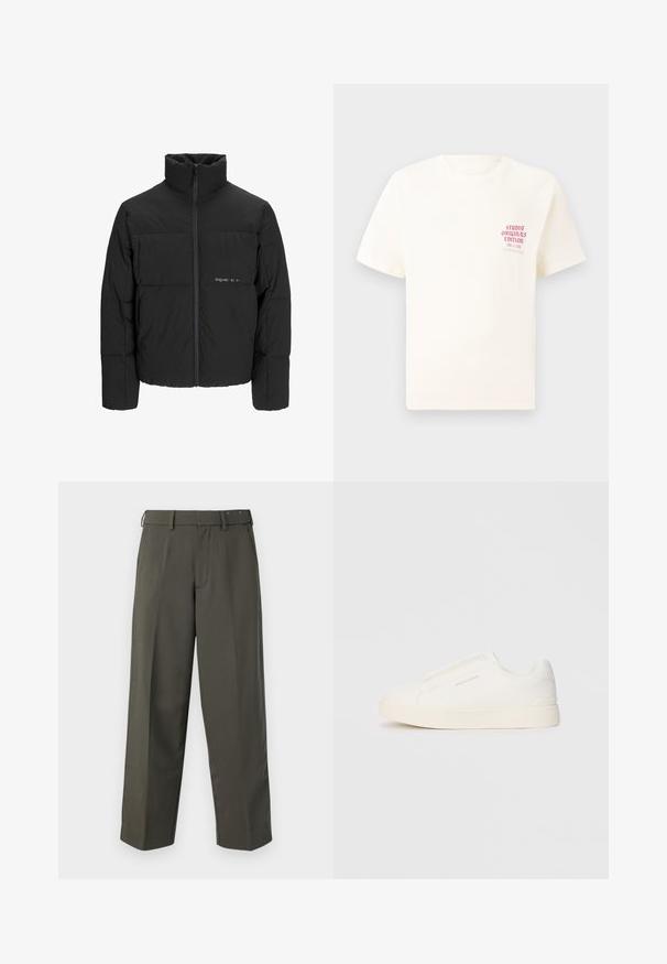 Fekete puff dzseki magas gallérral, elülső cipzárral és steppelt kialakítással. Simaságú anyag, finom logóval a mellkason.; Fehér, rövid ujjú póló, bal mellen piros szöveggel "Studio Originals Edition", semleges szürke háttér előtt.; Sötétzöld, egyenes szabású nadrág sima textúrával, lapos elülső résszel, övhurkokkal és cipzáras záródással. Nincsenek látható minták vagy díszítések.; Fehér slip-on sportcipők texturált felülettel, vastag talppal és minimalista dizájnnal. Az oldalon a márka logója található.