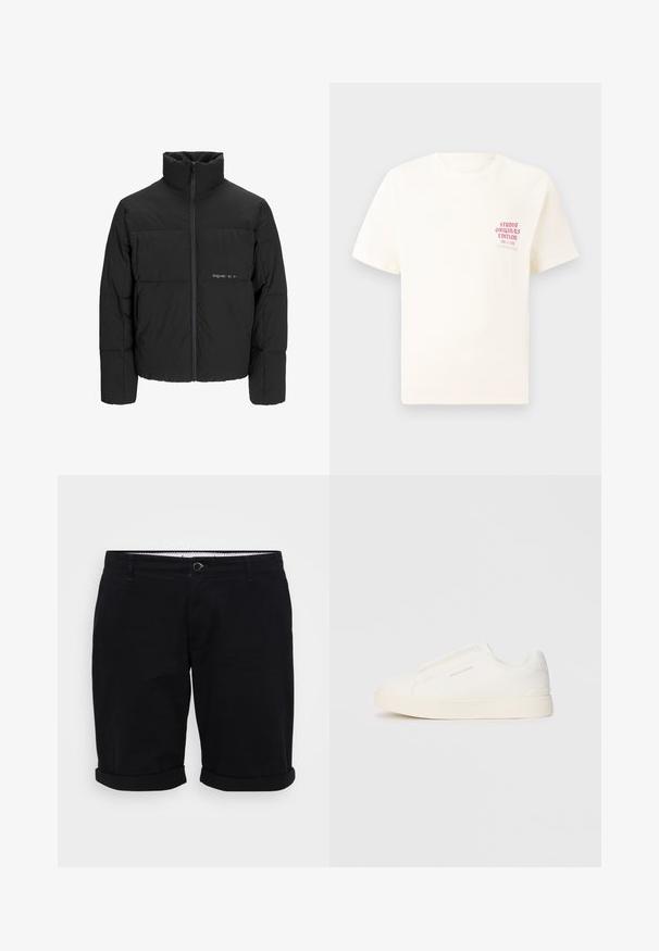 Zwarte pufferjas met een hoge kraag, ritssluiting aan de voorkant en een quilted design. Glad materiaal met een subtiel logo op de borst.; Witte T-shirt met korte mouwen met rode tekst "Studio Originals Edition" op de linker borst, weergegeven op een neutrale grijze achtergrond.; Zwarte katoenen shorts met een rechte snit, opgerolde mouwen en een sluiting met frontknop. Met zakken en een gestreepte binnenband.; Witte instap sneakers met een gestructureerd oppervlak, een dikke zool en een minimalistisch ontwerp. Bevat het merklogo aan de zijkant.