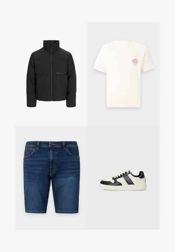 Černá péřová bunda s vysokým límcem, předním zipem a prošívaným designem. Hladká tkanina se subtilním logem na hrudi.; Bílý krátký rukávový tričko s červeným textem "Studio Originals Edition" na levé hrudi, vystavené na neutrálním šedém pozadí.; Džínové šortky v tmavě modré barvě s uvolněným střihem, které mají pět kapes, zapínání na knoflík a akcenty v oranžovém prošívání.; Kožené tenisky s černobílou barevnou kombinací, které mají perforované detaily, polstrovaný límec a texturovanou podrážku.