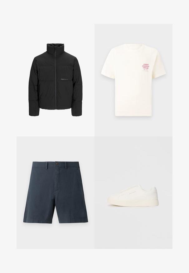 Mustra musta puffer-jakk, millel on kõrge krae, eesne tõmblukku ja tikandiga disain. Sile kangas, millel on rindkeres diskreetne logo.; Valge lühikeste varrukatega T-särk, millel on vasakul rinnal punane tekst "Studio Originals Edition", esitatud neutraalsel hallil taustal.; Tumedatest sinised lühikesed püksid, mis on valmistatud puuvilla segu kangast, paelise kinnitusega, küljetaskute ja sirge jala disainiga.; Valged libisemiskindlad tossud tekstuuriga pinnaga, paksu tallaga ja minimalistikus disainis. Küljel on brändi logo.