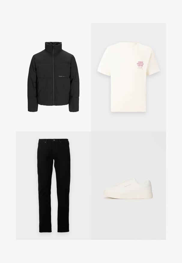 Black puffer jacket featuring a high collar, front zip closure, and quilted design. Smooth fabric with a subtle logo on the chest.; White short-sleeve T-shirt with red text "Studio Originals Edition" on left chest, displayed on a neutral gray background.; Black denim jeans with a straight cut, featuring a button closure, five pockets, and subtle stitching details. Smooth texture.; White slip-on sneakers with a textured surface, a thick sole, and minimalistic design. Features brand logo on the side.