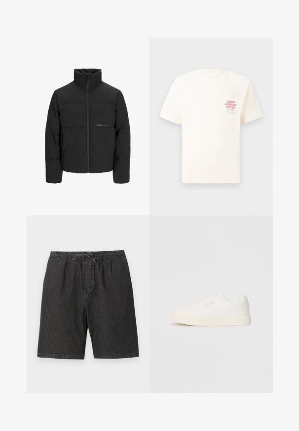 Mustra musta puffer-jakk, millel on kõrge krae, eesne tõmblukku ja tikandiga disain. Sile kangas, millel on rindkeres diskreetne logo.; Valge lühikeste varrukatega T-särk, millel on vasakul rinnal punane tekst "Studio Originals Edition", esitatud neutraalsel hallil taustal.; Mustad denim lühikesed püksid elastse vöökoha ja reguleeritava paelaga. Omab küljetaskuid ja lahti, mugavat lõiget.; Valged libisemiskindlad tossud tekstuuriga pinnaga, paksu tallaga ja minimalistikus disainis. Küljel on brändi logo.