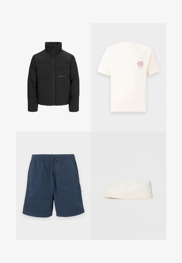 Schwarze Pufferjacke mit hohem Kragen, Front-Reißverschluss und gestepptem Design. Glattes Material mit dezentem Logo auf der Brust.; Weißes T-Shirt mit kurzen Ärmeln und rotem Text "Studio Originals Edition" auf der linken Brust, präsentiert vor einem neutralen grauen Hintergrund.; Marineblaue Shorts aus Baumwolle mit elastischem Bund und Kordelzug. Mit Seitentaschen und geradem Schnitt.; Weiße Slip-On-Sneaker mit einer strukturierten Oberfläche, dicker Sohle und minimalistischem Design. Mit Logo der Marke an der Seite.